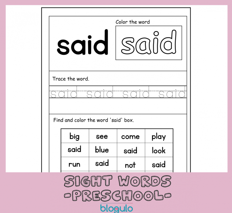 40 Sight Words Activities For Preschool  For “said”