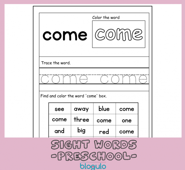 40 Sight Words Activities For Preschool  For “come”